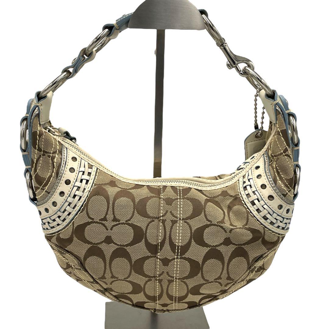 【美品】COACH ワンショルダー 編み目レザー シグネチャー 白 水色