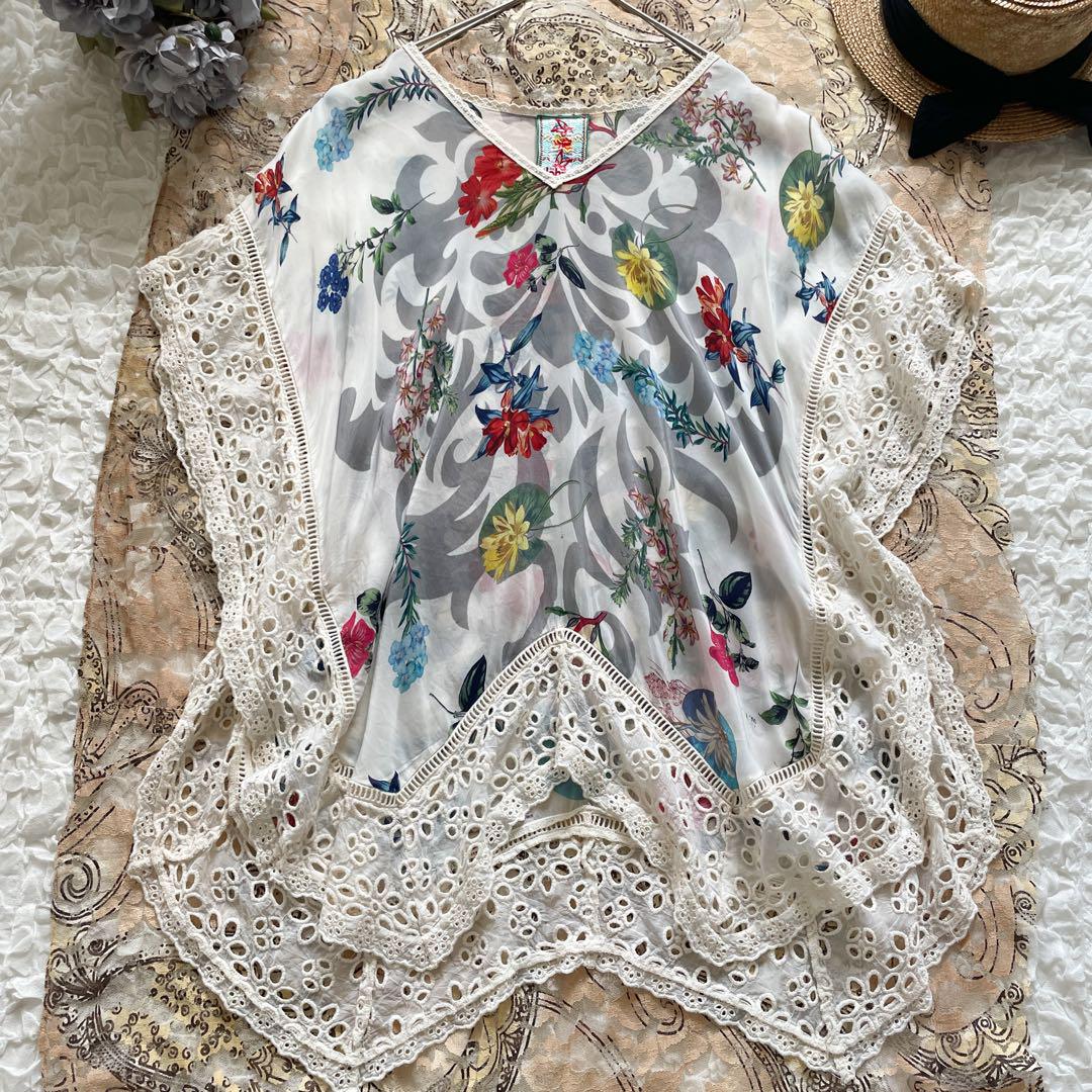 美品 JOHNNY WAS 花柄刺繍 ストライプ長袖ブラウス - メルカリ