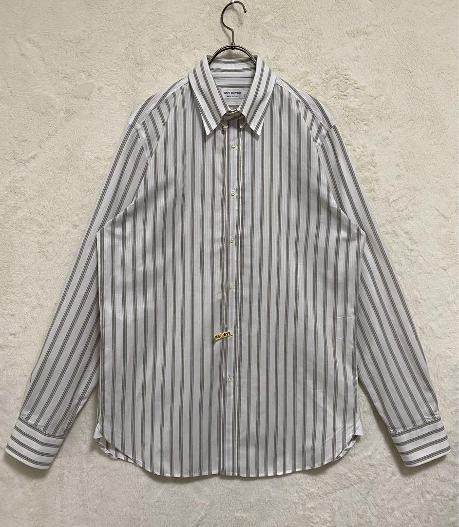 【美品】GUY ROVER タブカラー シャツ 41cm L 白×茶 ストライプ