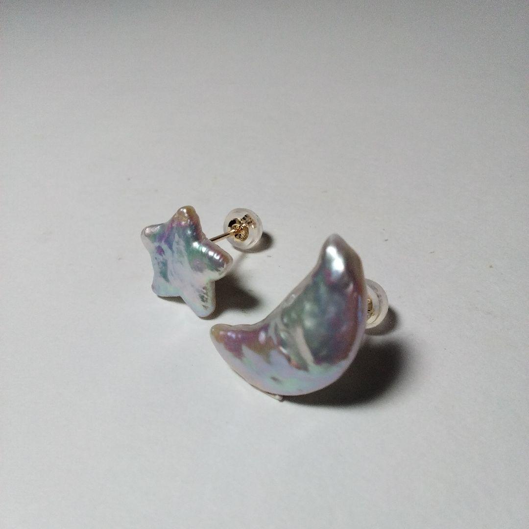 クレセントムーン 三日月 /スター 星 淡水バロックパール K10 一粒ピアス