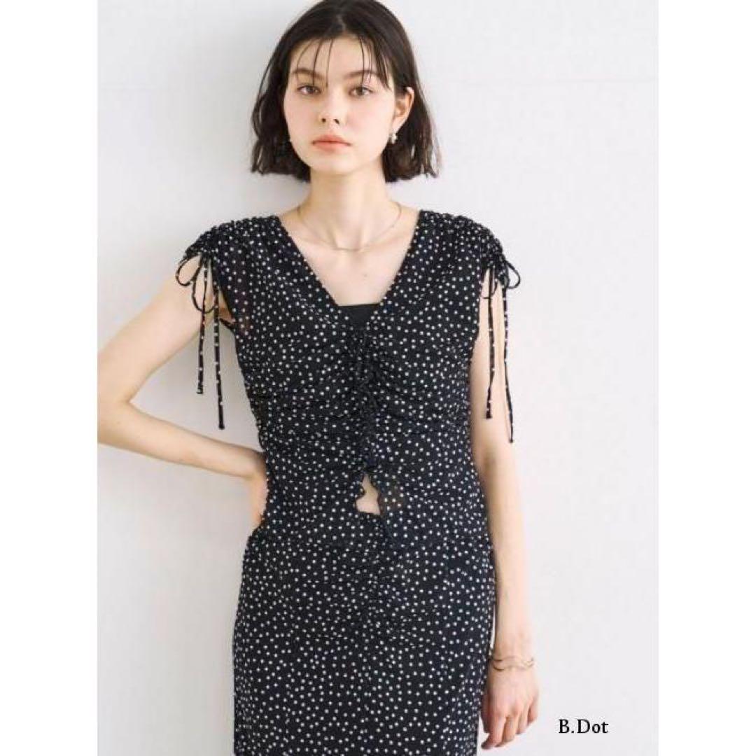 cocodeal メッシュプリントギャザーワンピース ブラックドット