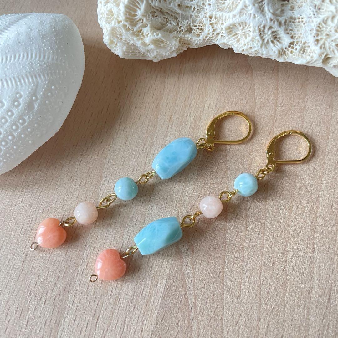 らっちゃんまま 様♡高品質 ラリマー ピアス 天然石 サージカルステンレス ラリマー×ピンクコーラル×ピンクジェイド 天然石ピアス