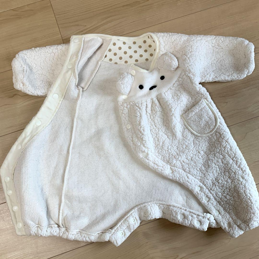 美品 ベビー服 ロンパース カバーオール 50〜70 秋 冬 白 モコモコ 画像3
