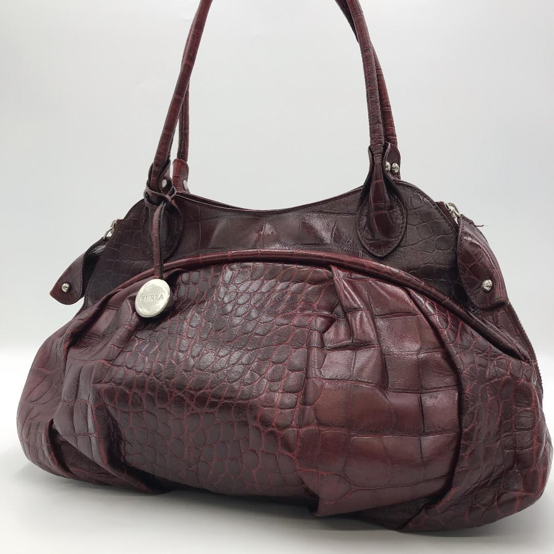 【極美品】 FURLA フルラ ボストンバッグ クロコ型押し 赤 ボルドー