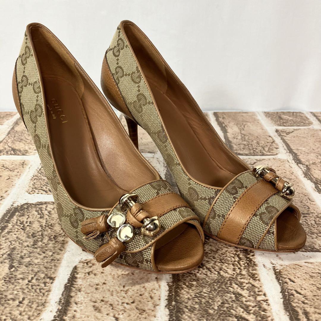 【2025年】高評価レビューアイテム特集 グッチ GUCCI 極美品✨ 22.5 タッセル オープントゥ GG柄 パンプス 靴