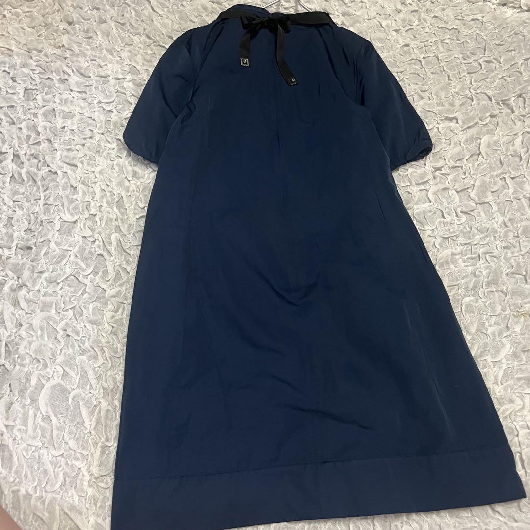 2way【S Max Mara】立体ビジュー襟 膝丈ワンピース 裏地絹 紺