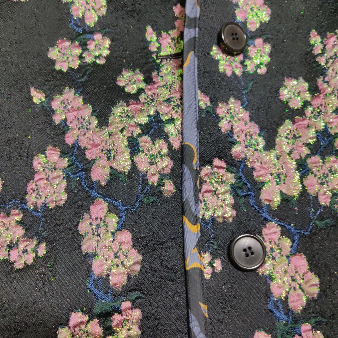 値下 ドリスヴァンノッテンラメ刺繍桜柄ステンカラーコートクリーニング済濃紺ピンク