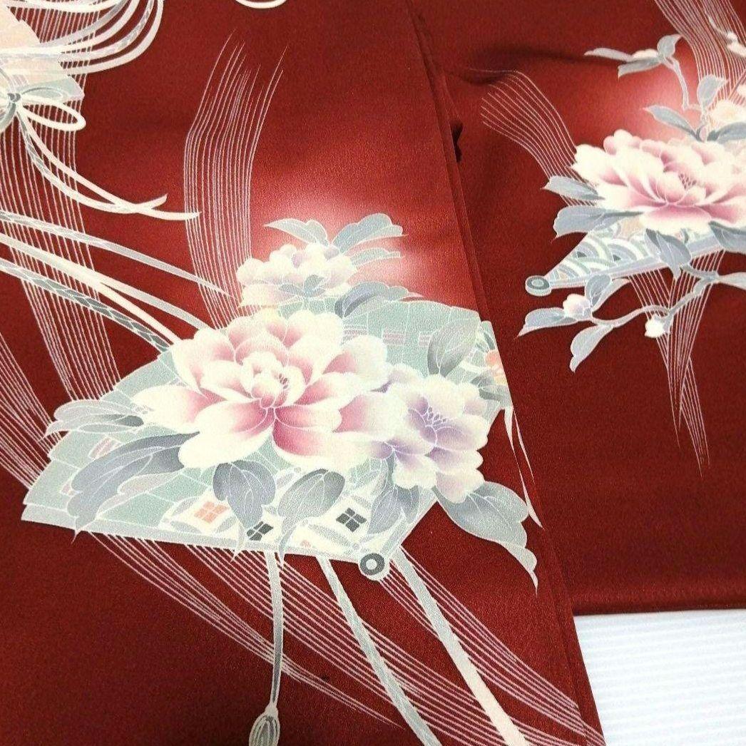 正絹 付け下げ 訪問着 袷 扇に花模様 レッド - メルカリ