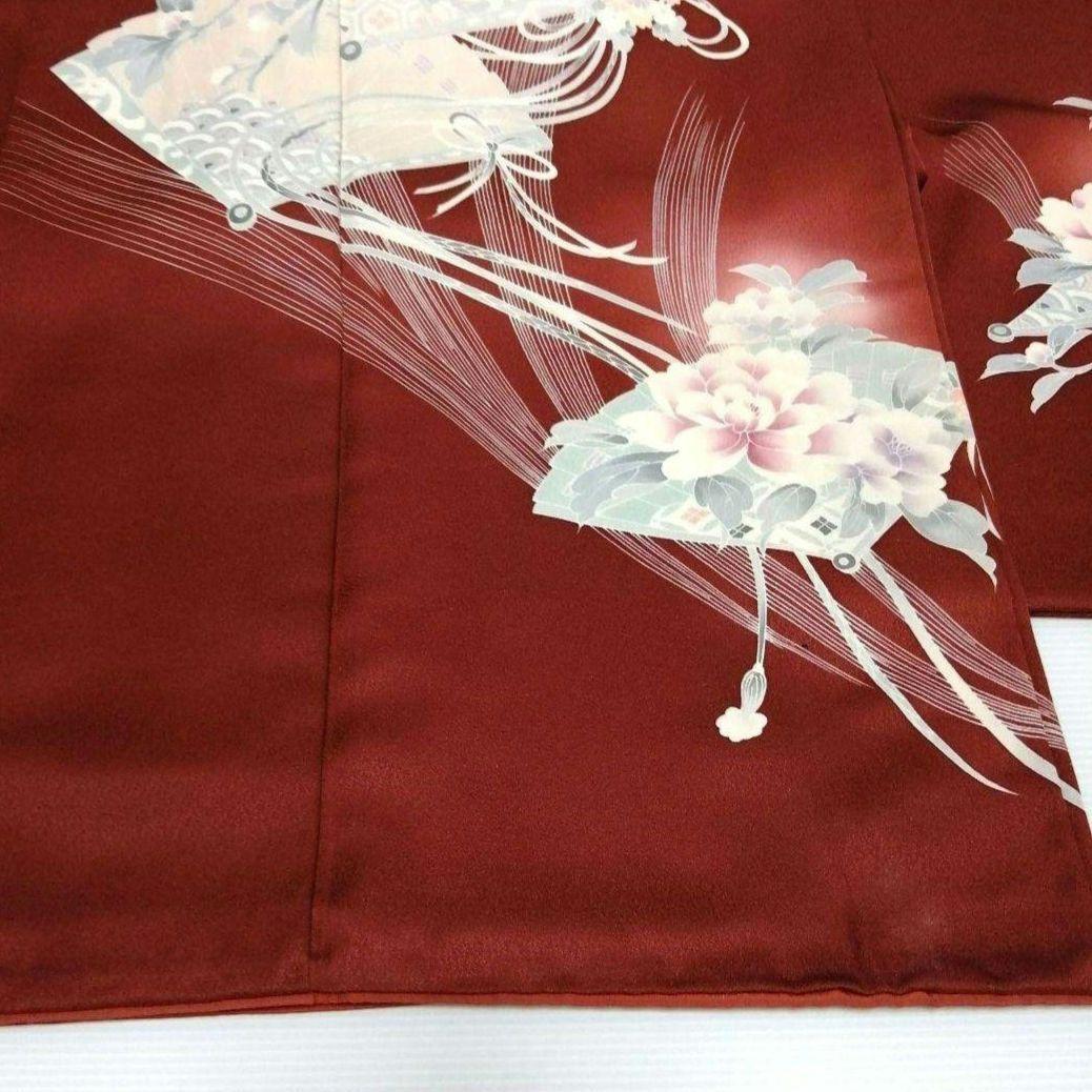 正絹 付け下げ 訪問着 袷 扇に花模様 レッド - メルカリ