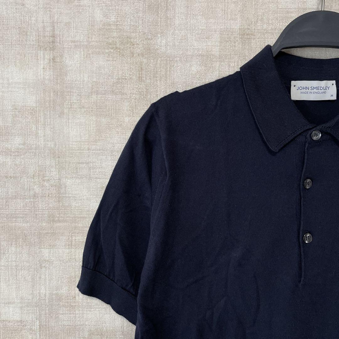 イギリス製【JOHN SMEDLEY】半袖ポロニット　ネイビー　SIZEM