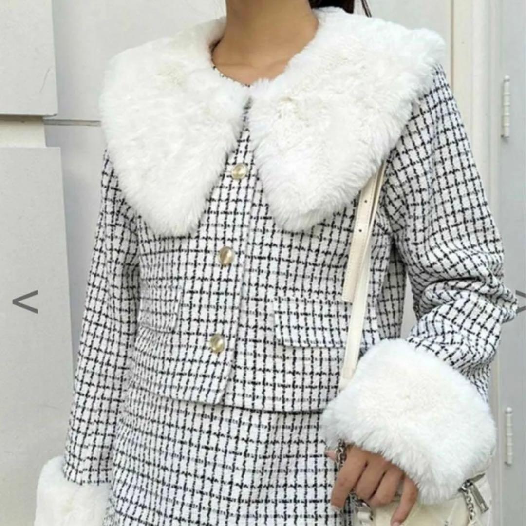 NICE CLAUP フェイクファー付きツイードジャケット スカート