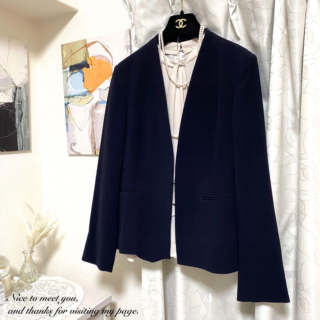 【美品】23区 * トリアセダブルジョーゼット ノーカラージャケット 40