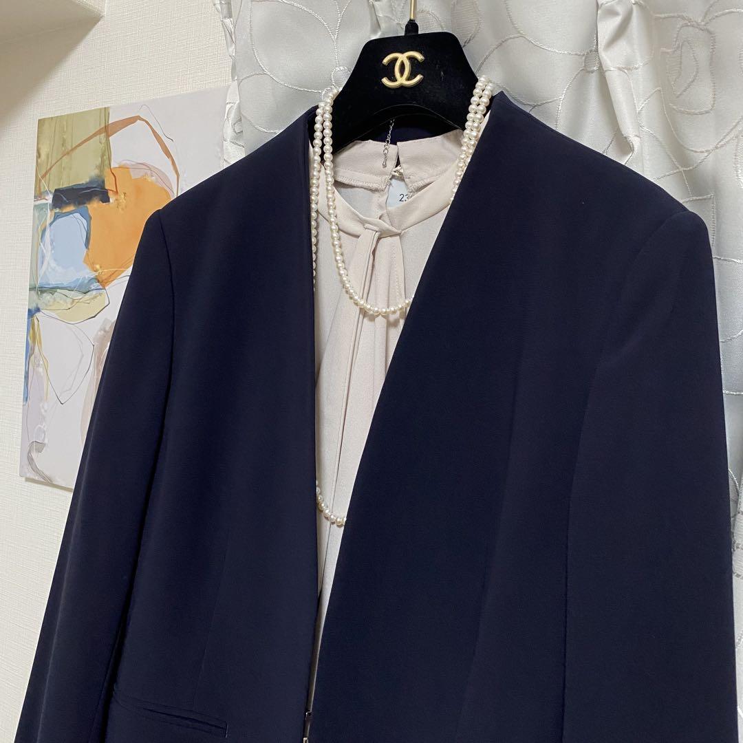 【美品】23区 * トリアセダブルジョーゼット ノーカラージャケット 40