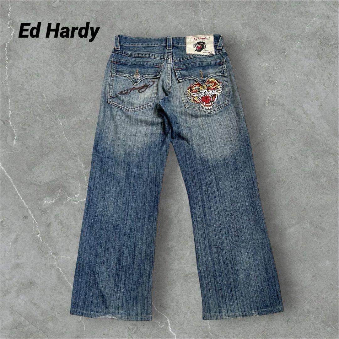 【トレンド】Ed Hardy デニム　y2k 刺繍　タイガー　虎　W32 希少