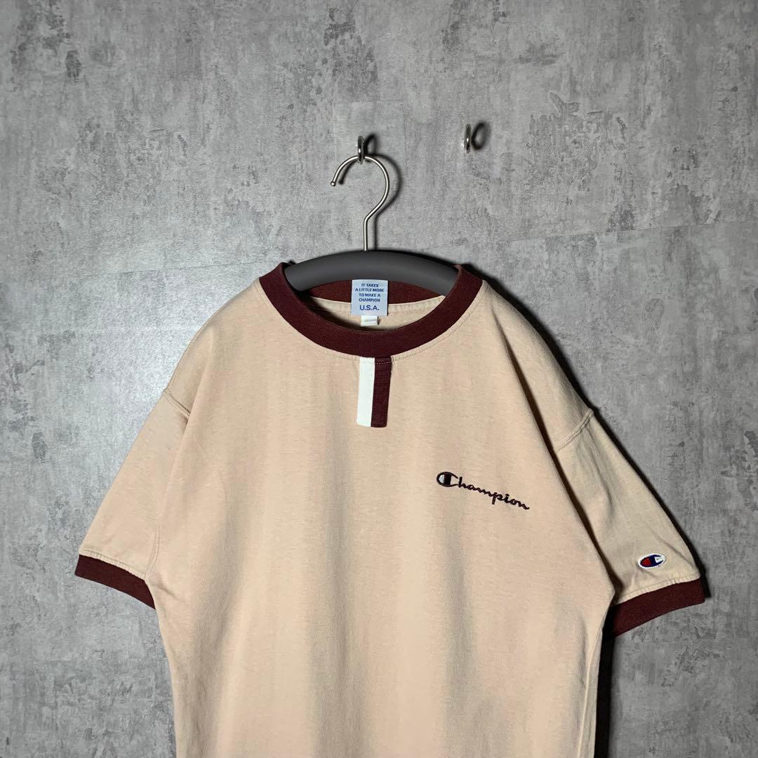 最高デザイン】チャンピオン リンガーネック半袖Tシャツ 90s ロゴ刺繍
