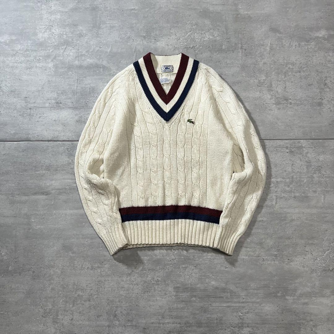 【ケーブルニット、Vネック】LACOSTE 80sチルデンニット古着あいみょん