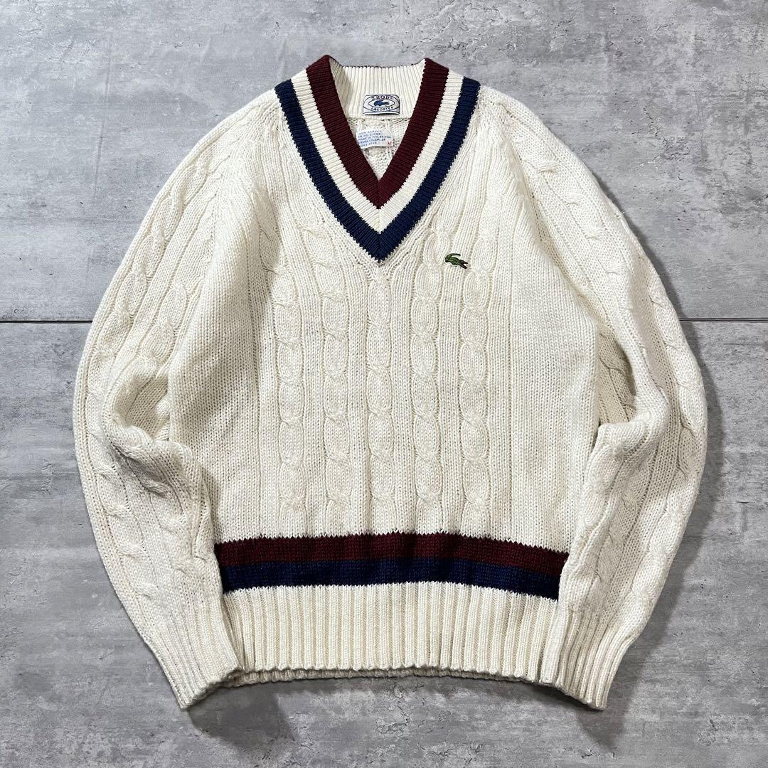 【ケーブルニット、Vネック】LACOSTE 80sチルデンニット古着あいみょん