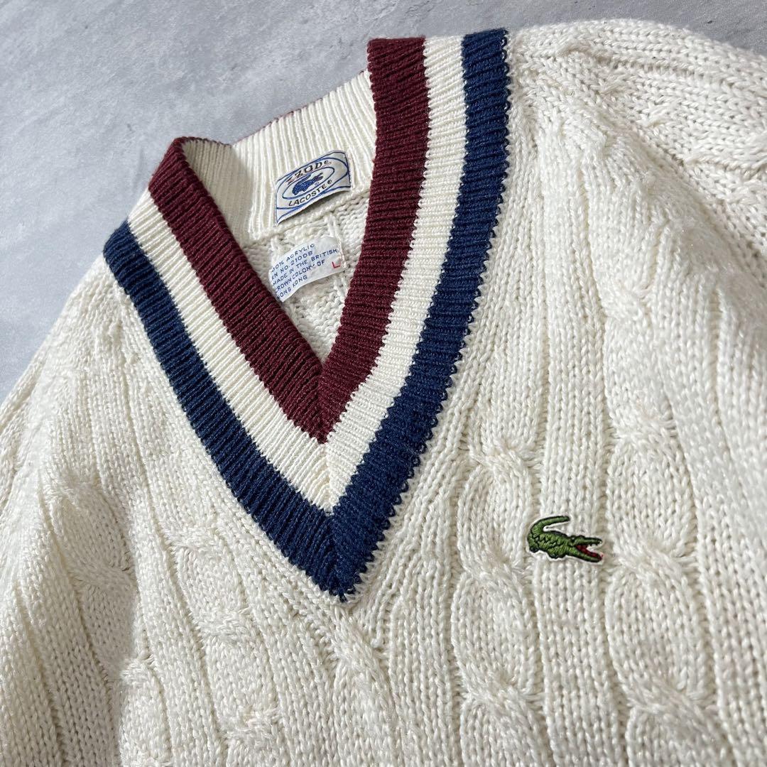 【ケーブルニット、Vネック】LACOSTE 80sチルデンニット古着あいみょん