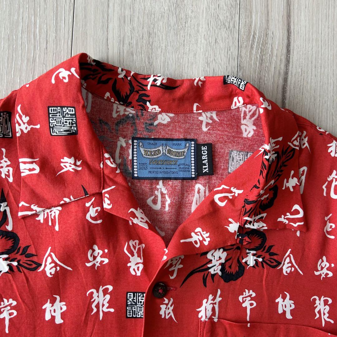 HEAD GOONIE オープンカラー レーヨンシャツ アロハ 赤 XL 漢字柄 HEAD GOONIE オープンカラー レーヨンシャツ アロハ 赤 XL 漢字