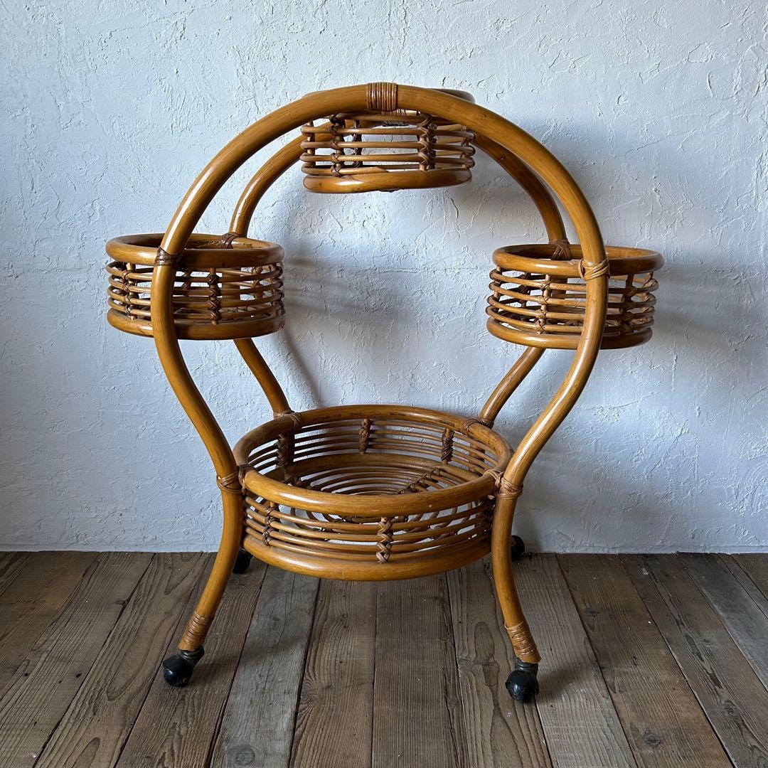 キャスター付き ラタン 籐 鉢台 花台