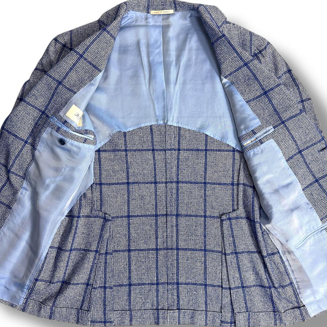 J6379 美品 デペトリロ リネン混ウインドーペーン柄サマージャケット 紺48 J6379 美品 デペトリロ リネン混ウインドーペーン柄サマー