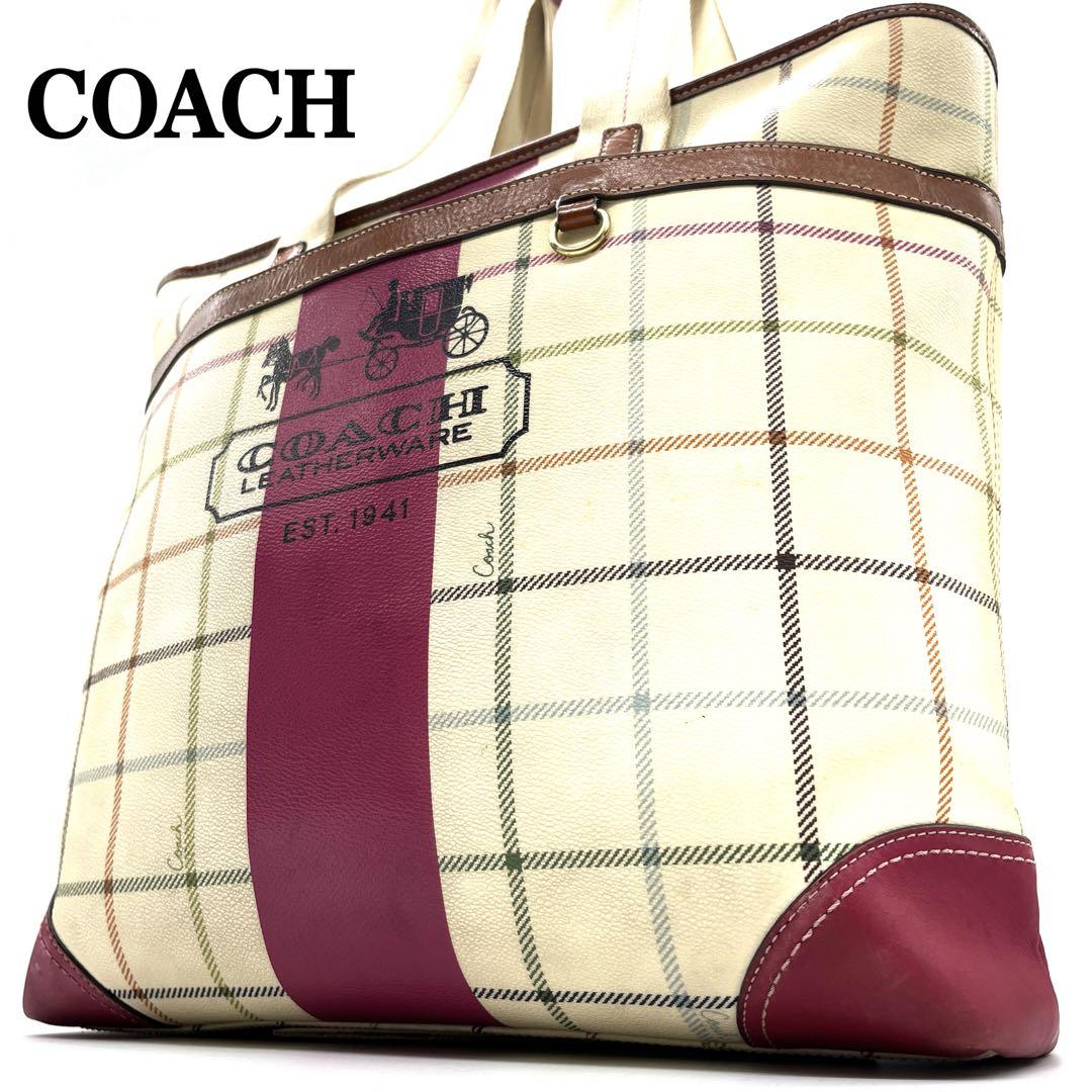 COACHコーチ トートバッグ アイボリー チェック ピンク PVC