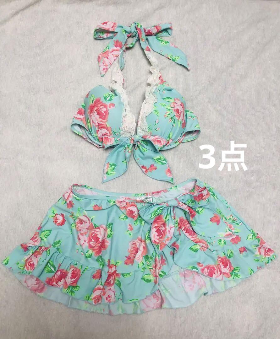 リズリサビキニピンク　リボン　ミニスカート水着 リズリサ風ビキニ ビッグリボン ピンク花柄ミニスカート水着 姫