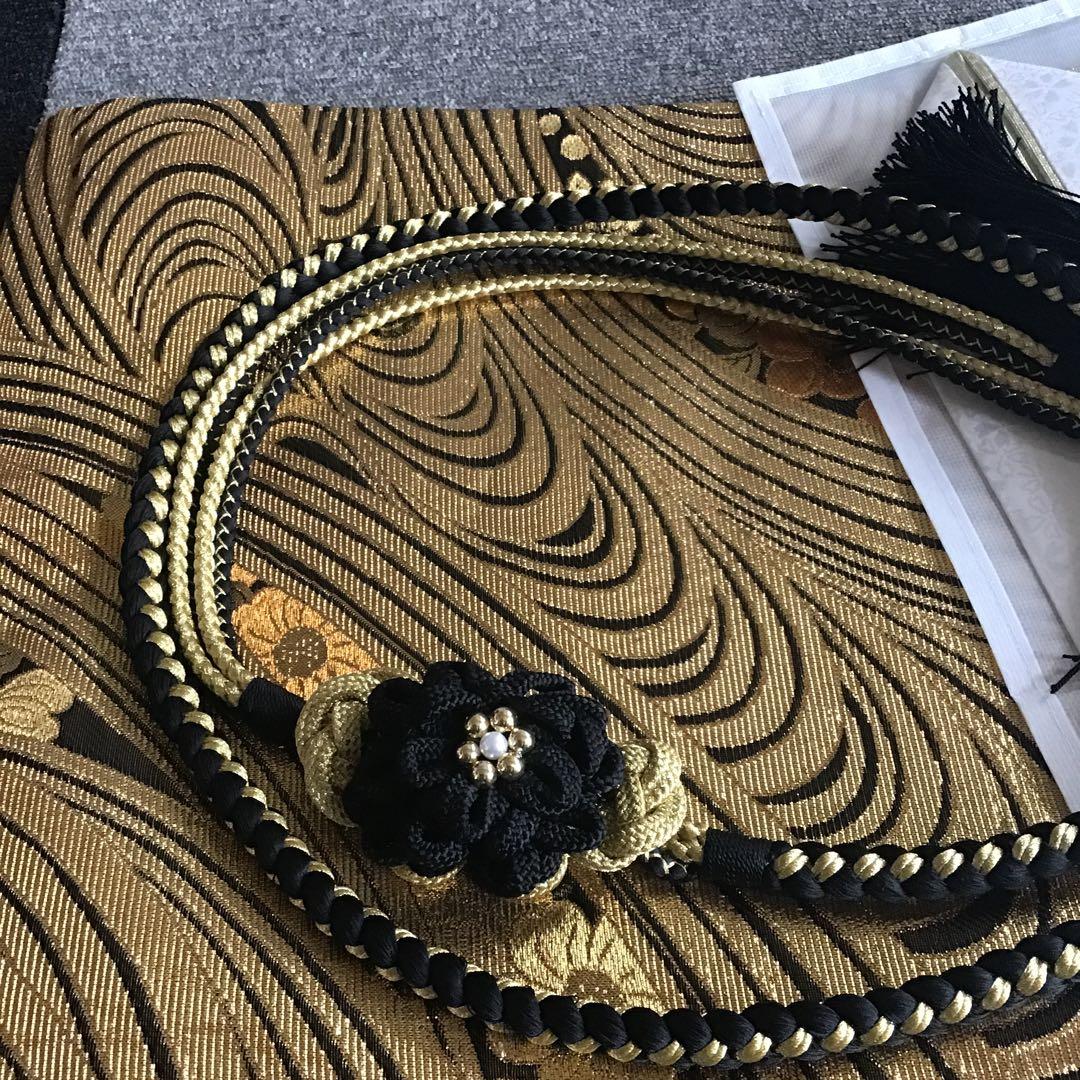 振袖フルセット　花蝶文　成人式　振袖　ゴールド　黒　正絹　振袖6点セット 豪華