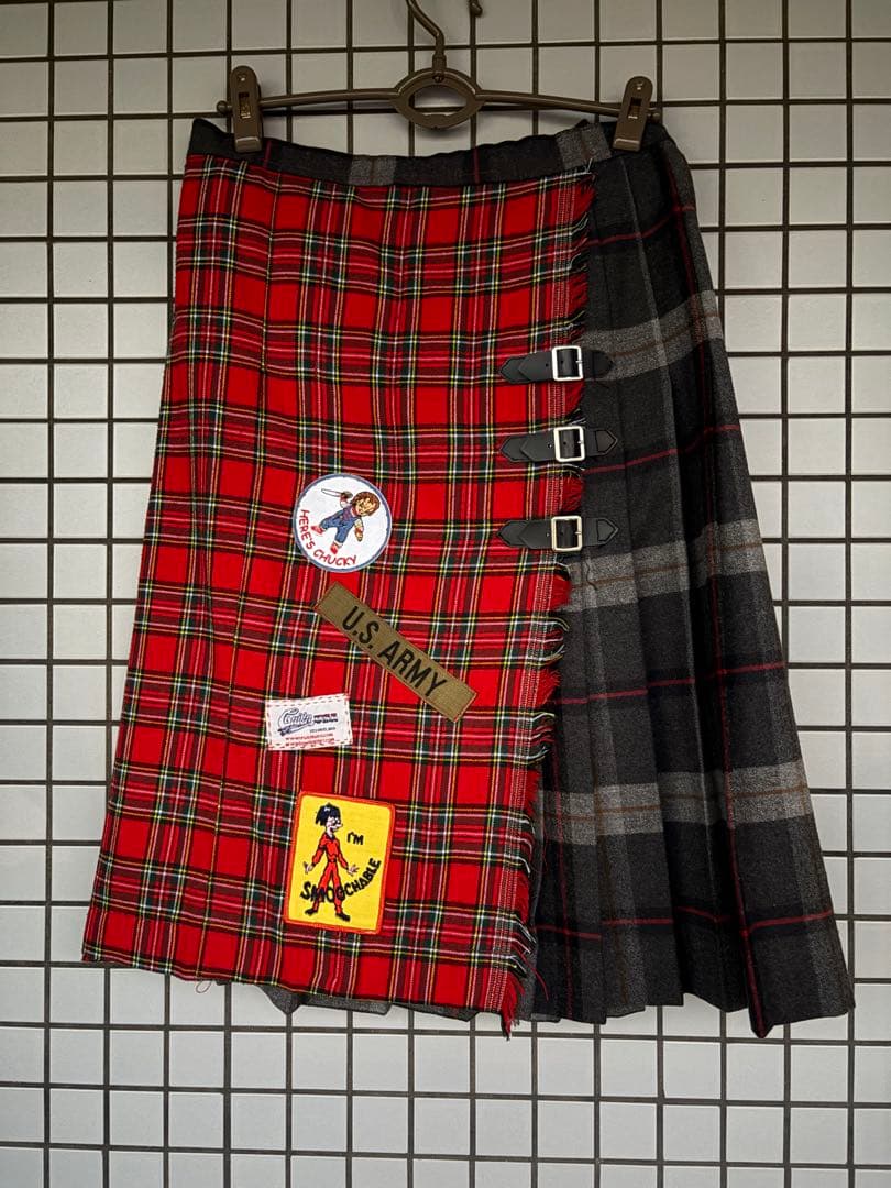 古着リメイク 巻きスカート XL ワッペン タータンチェック プリーツスカート2XL 3L