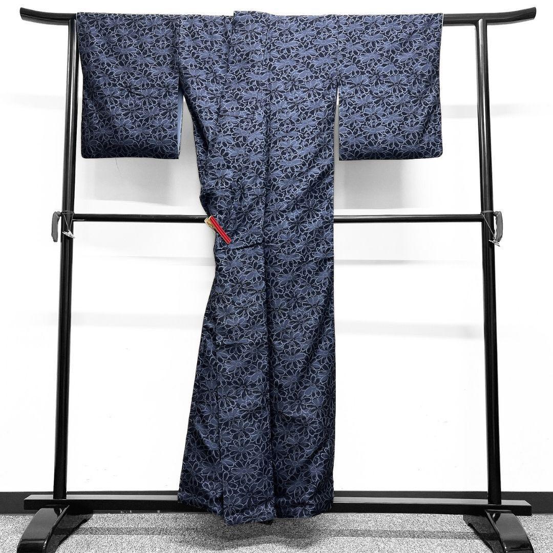 小紋 菊花模様 ネイビー うさぎ模様 藍染 お召 グレー 着物 075w p