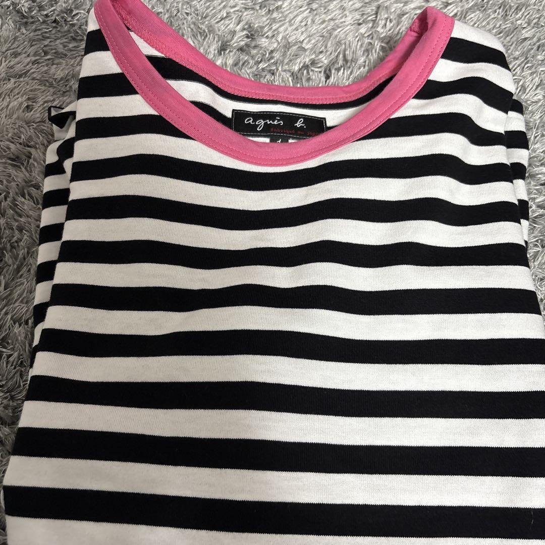 細ボーダー コットン 長袖 Tシャツ \"Biotop\" ピンク