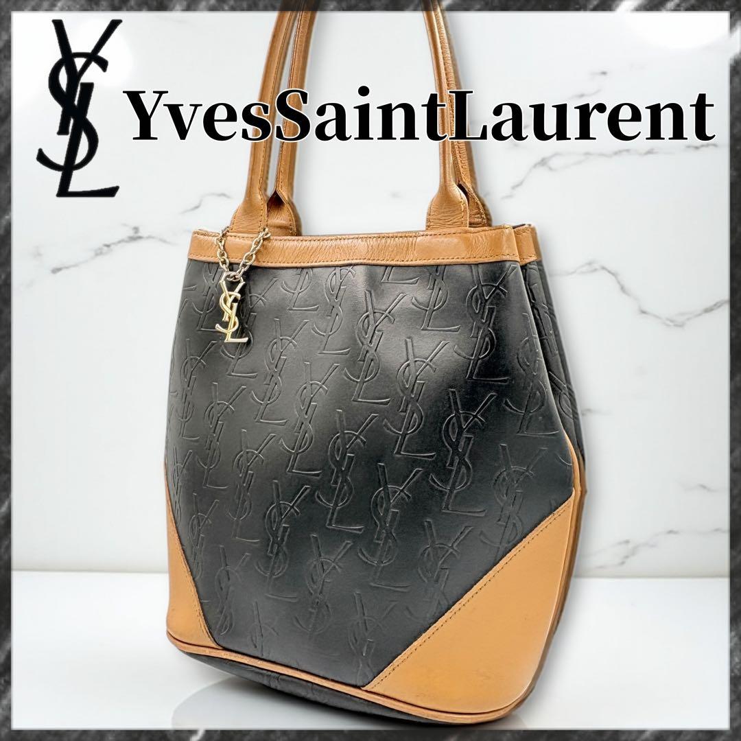 希少❣️YSLカサンドラロゴ トートバッグ チャーム 総柄 肩掛け ブラック 黒