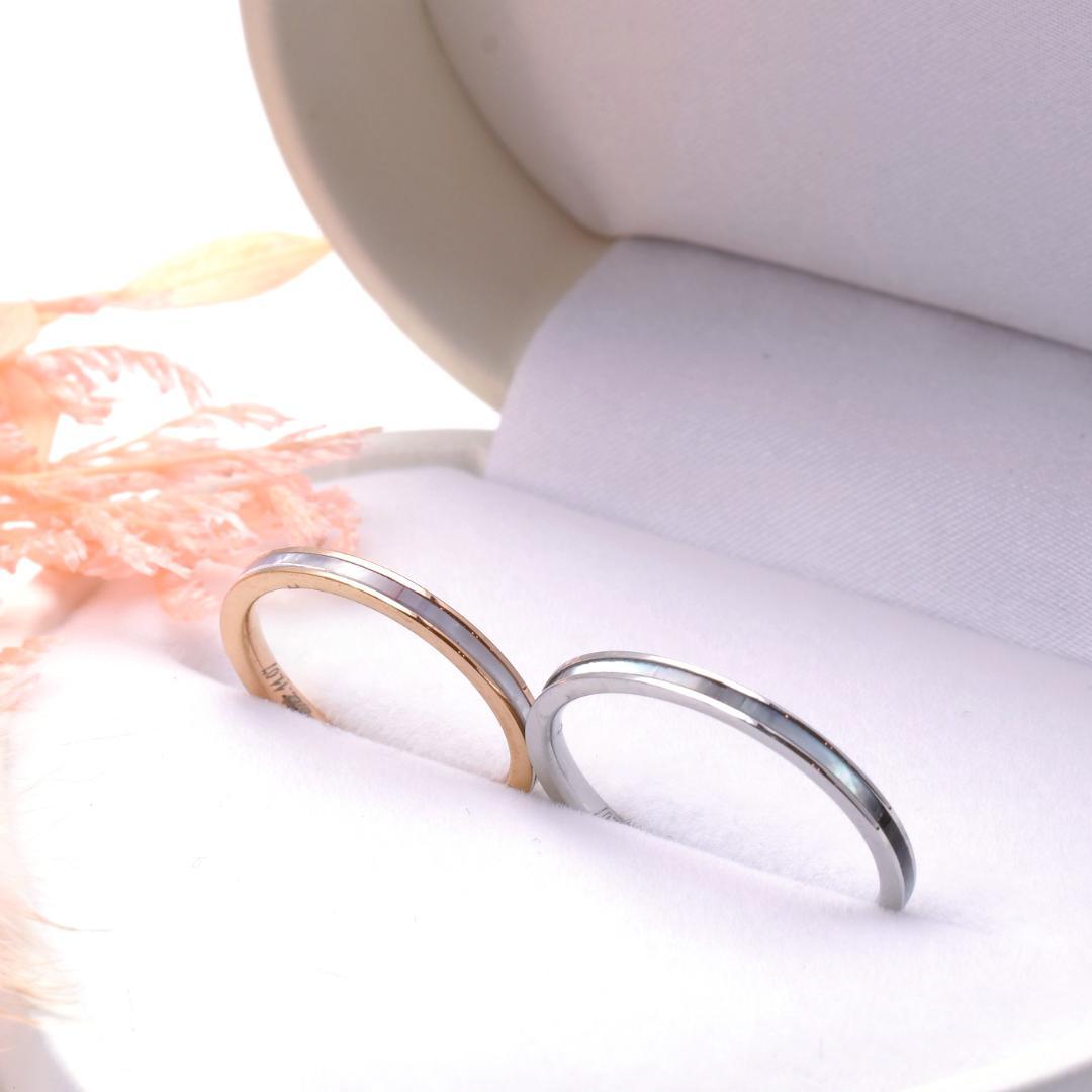 ペアリング 七色に艶めく シェルリング 刻印 結婚指輪 サージカルステンレス