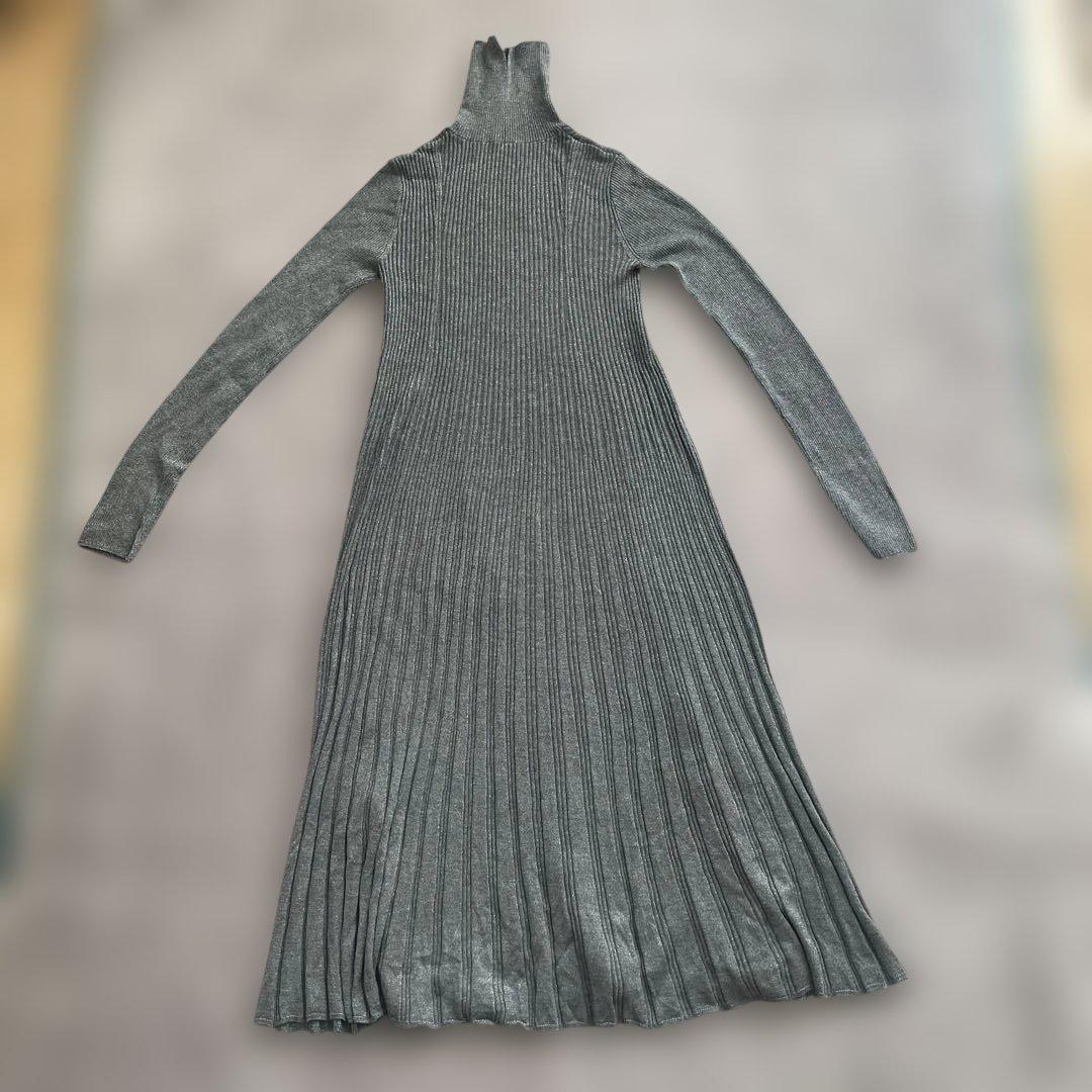 Mila Owen グレー リブ編み 長袖ニットワンピース