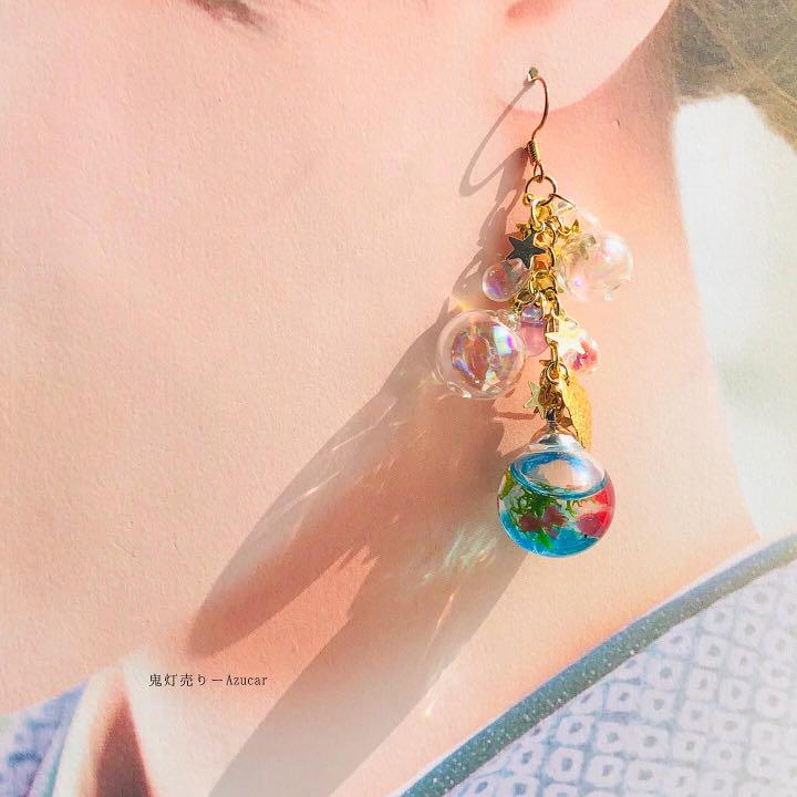 向日葵と動く金魚の和風ピアス　イヤリング(初夏コーデ3点セット)シャボン玉多め★