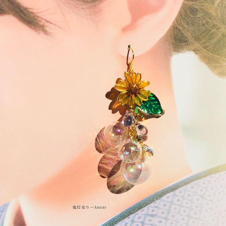 向日葵と動く金魚の和風ピアス　イヤリング(初夏コーデ3点セット)シャボン玉多め★