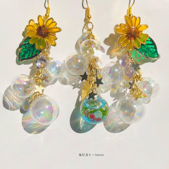 向日葵と動く金魚の和風ピアス　イヤリング(初夏コーデ3点セット)シャボン玉多め★