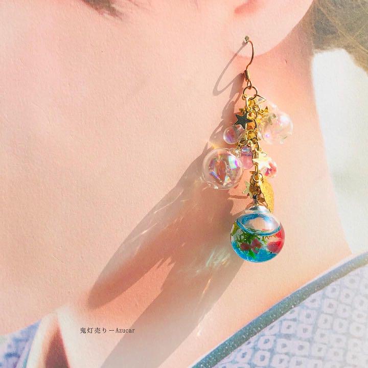 向日葵と動く金魚の和風ピアス　イヤリング(初夏コーデ3点セット)シャボン玉多め★