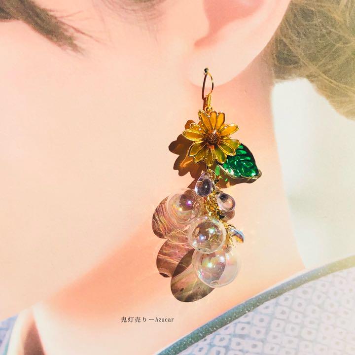 向日葵と動く金魚の和風ピアス　イヤリング(初夏コーデ3点セット)シャボン玉多め★