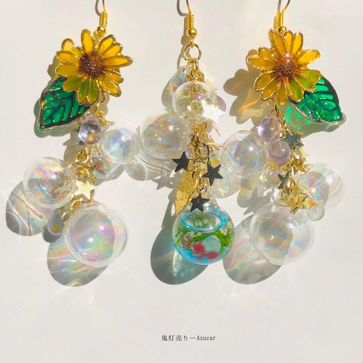 向日葵と動く金魚の和風ピアス　イヤリング(初夏コーデ3点セット)シャボン玉多め★