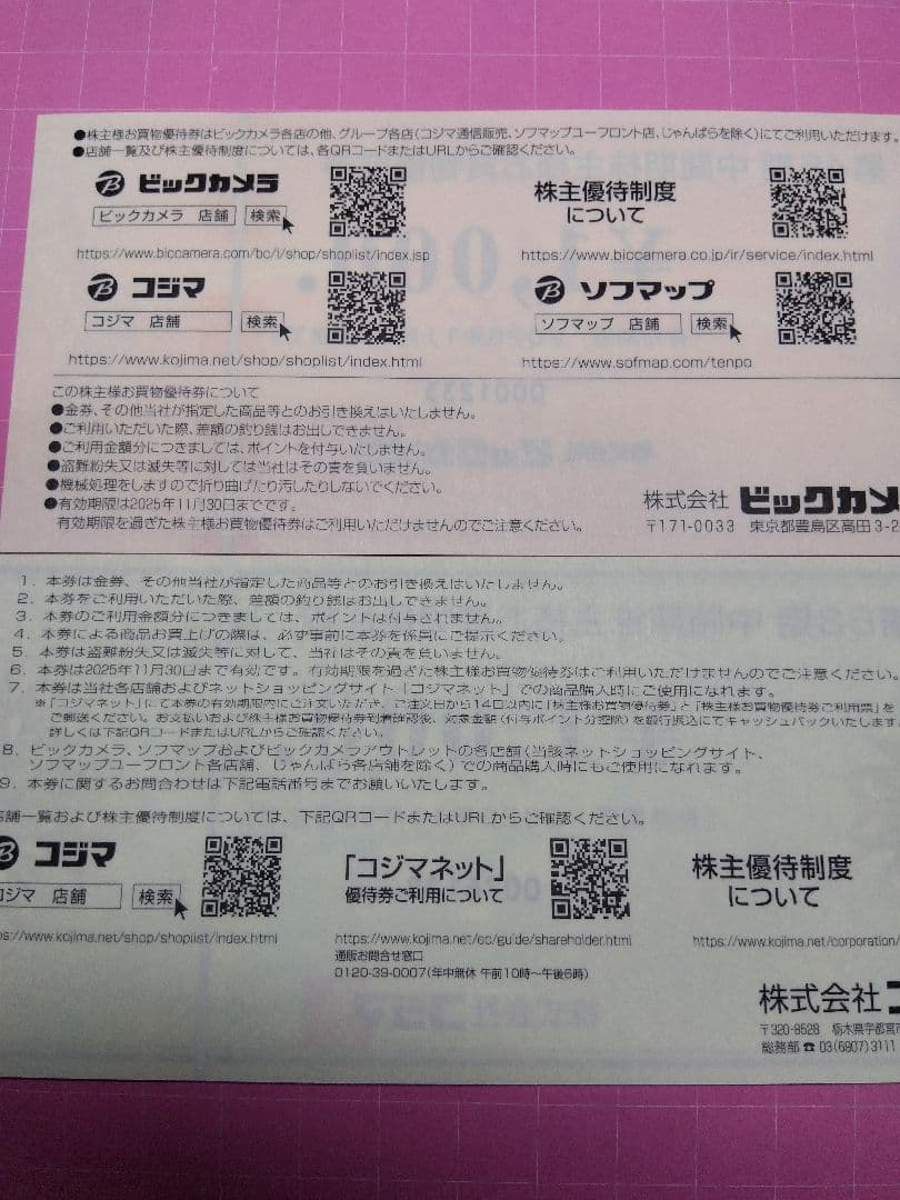 ビックカメラ コジマ 株主優待 12000円分