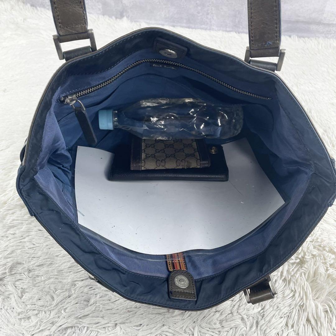 A4可 極美品 ポールスミス ナイロン レザー トートバッグ 肩掛け ネイビー