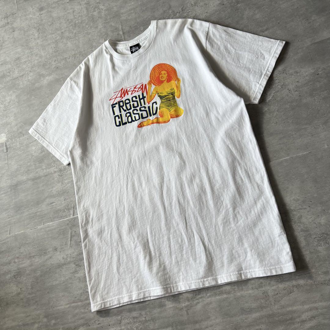 【陽気な美人プリント、センターロゴ】stussy古着Tシャツストリート菅田将暉