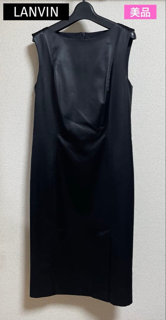 LANVIN ランバン シンプル ノースリーブ 黒 サテンドレスM・LANVIN