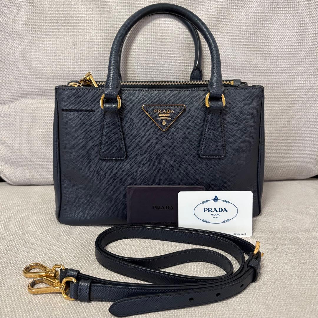 PRADA カード付き プラダ サフィアーノ ガレリア ハンドバッグ ネイビー