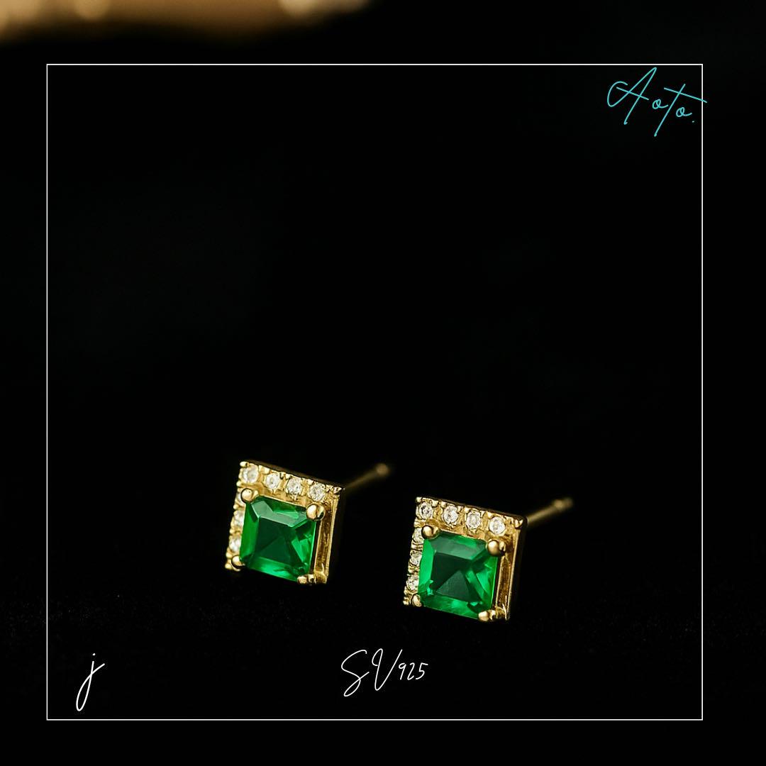001Pj【当店人気】エメラルドピアス　ダイヤ　CZ　S925　K18コート