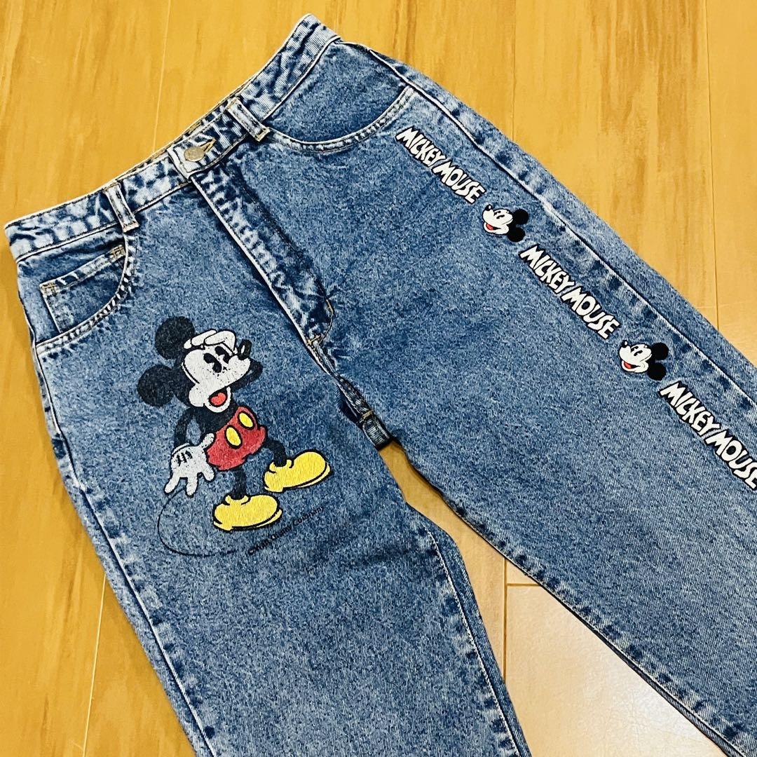 希少 90s ヴィンテージ デニムパンツ ミッキー 刺繍 プリント ディズニー