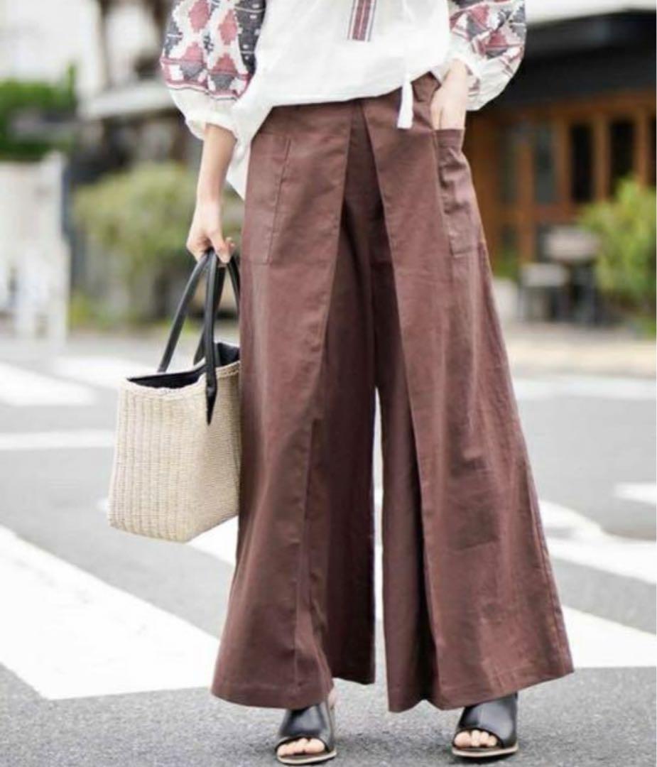新品　a.v.v 綿麻　リネン　ワイドパンツ　ブラウン　L ウエストリボン