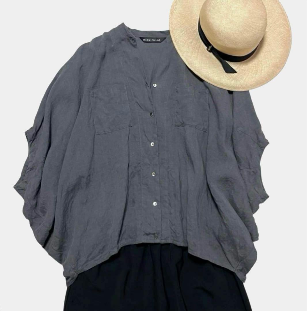 【美品】mizuiro ind リネン スタンドカラーコクーンシャツ