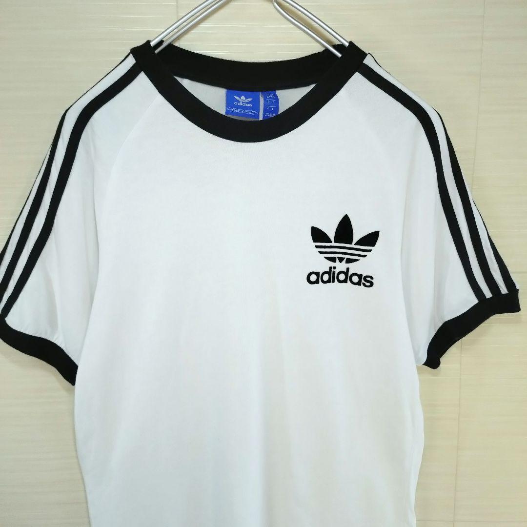アディダスオリジナルス　リンガーTシャツ　フロッキープリント　3ライン　ホワイト